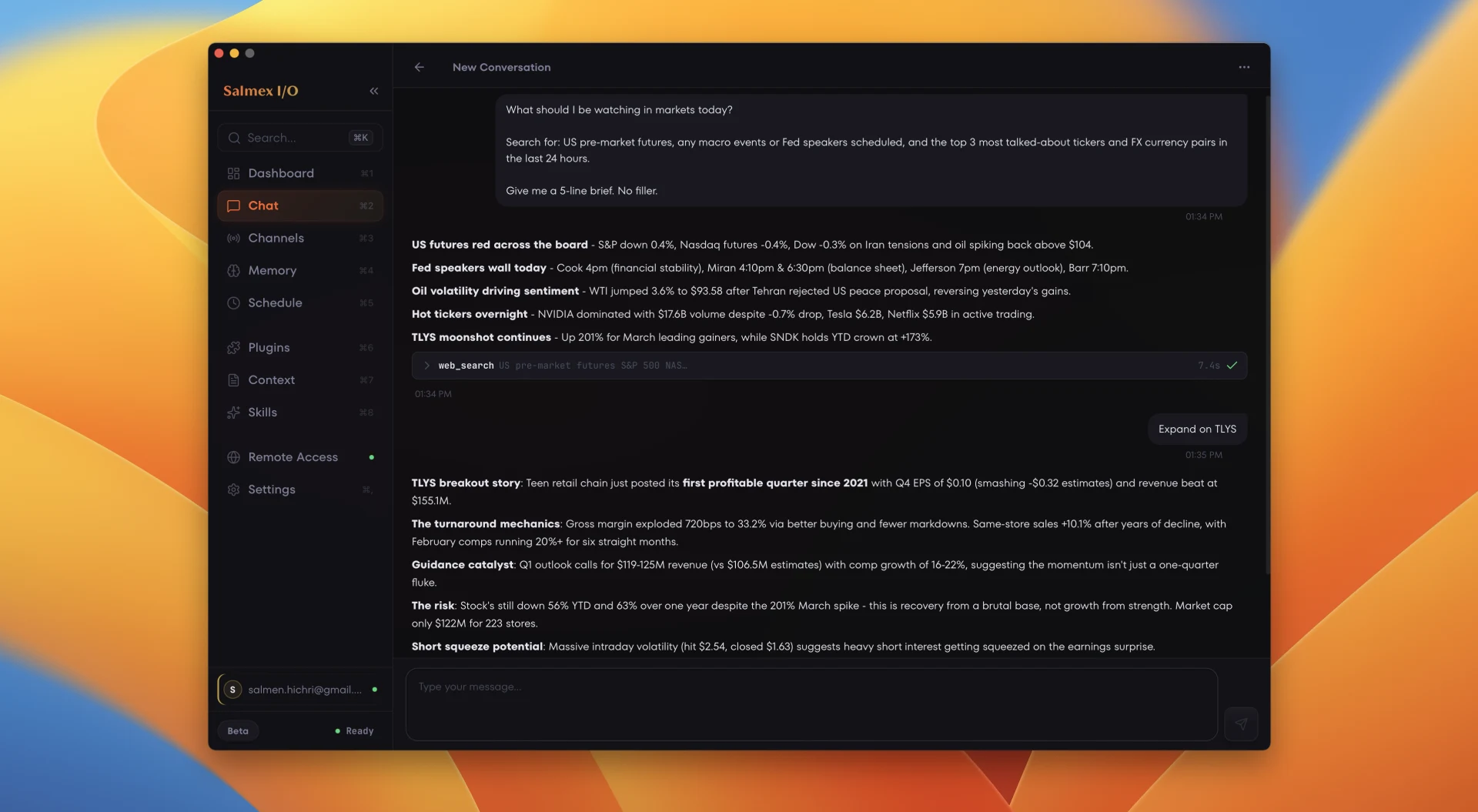 Salmex I/O desktop chat showing a pre-market analysis conversation with web search results and stock analysis