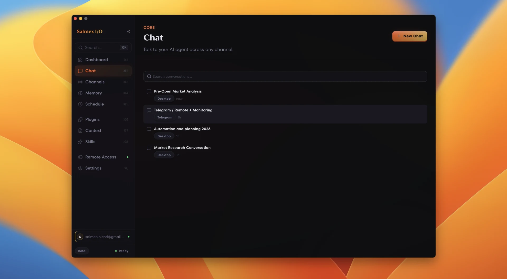 Salmex I/O chat page showing conversation list with Desktop and Telegram channel badges, search bar, and New Chat button