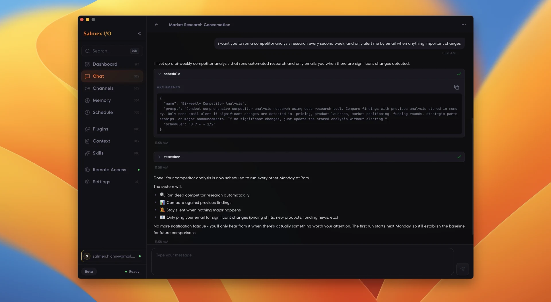 Salmex I/O chat showing an expanded schedule tool call with arguments and a remember tool call, setting up automated competitor analysis