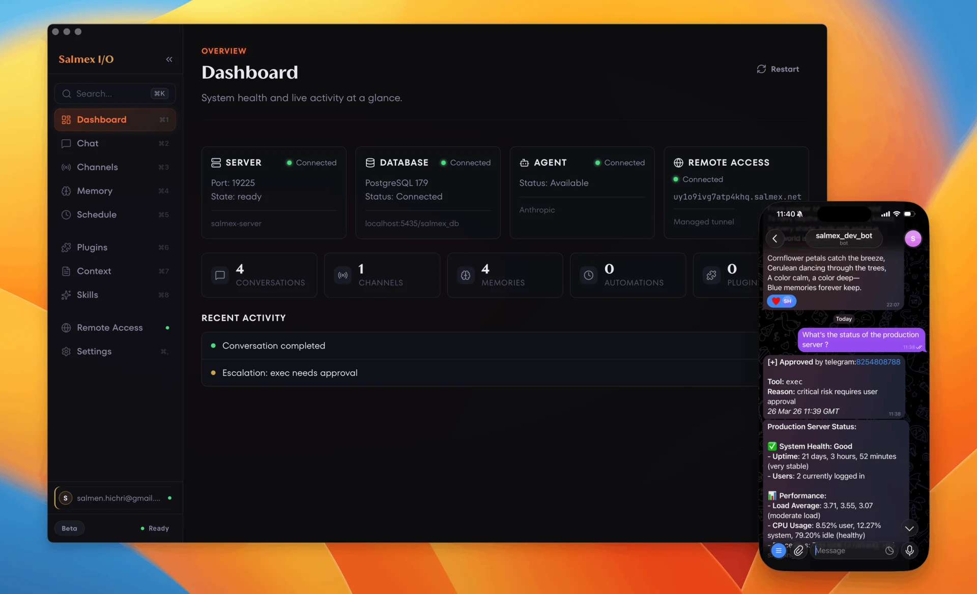 Salmex I/O dashboard showing system health, connected services, recent activity, and a Telegram conversation with the agent