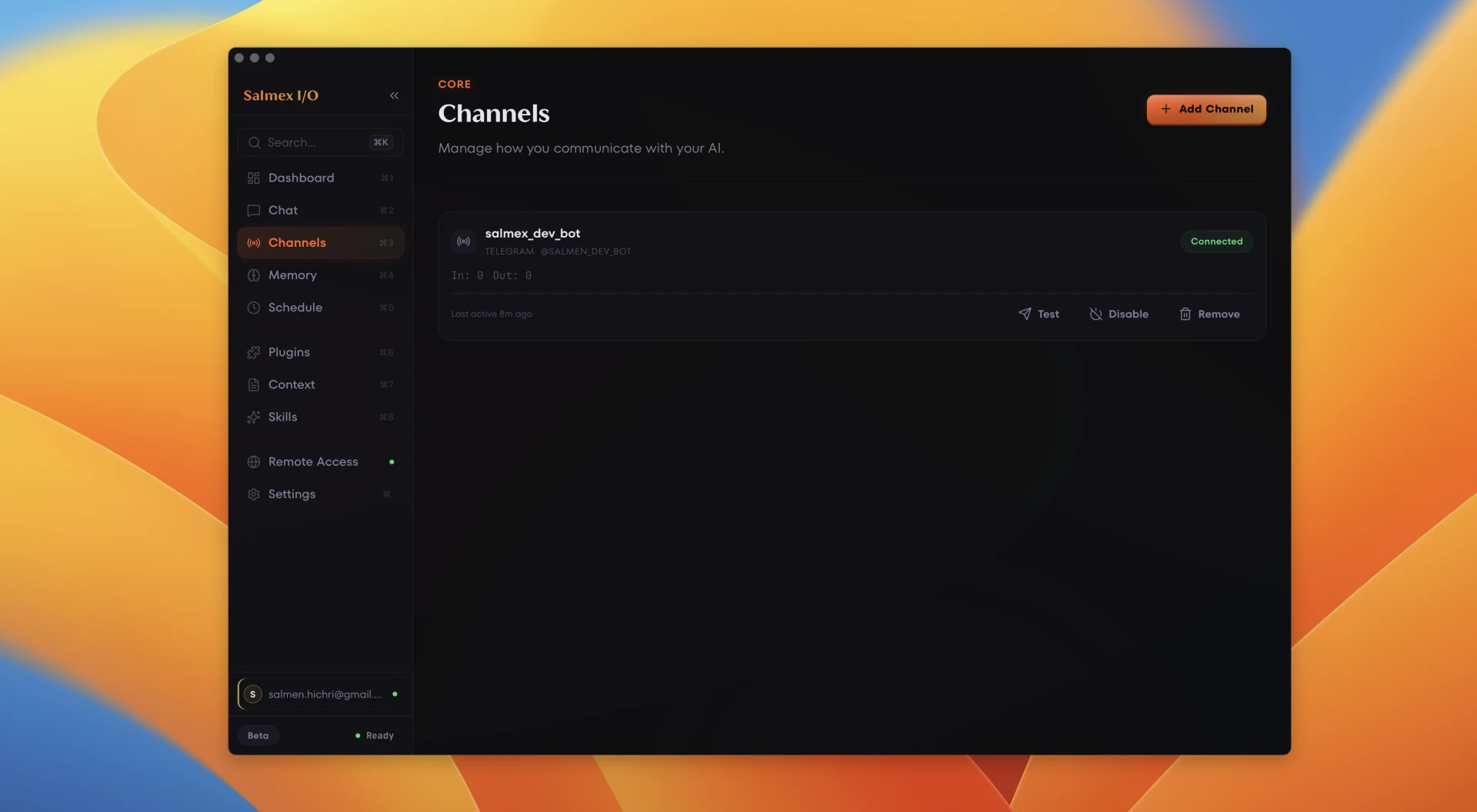 Salmex I/O channels page showing a connected Telegram bot with Test, Disable, and Remove actions