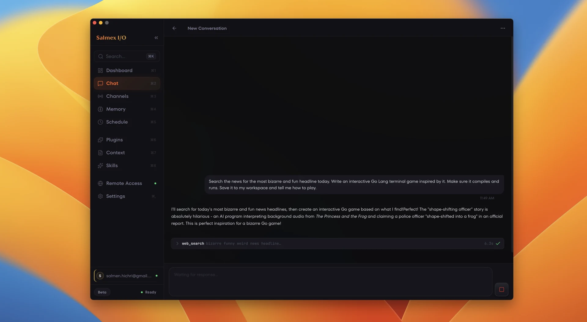 Salmex I/O chat view showing a conversation with the agent, sidebar navigation, and a web search tool call