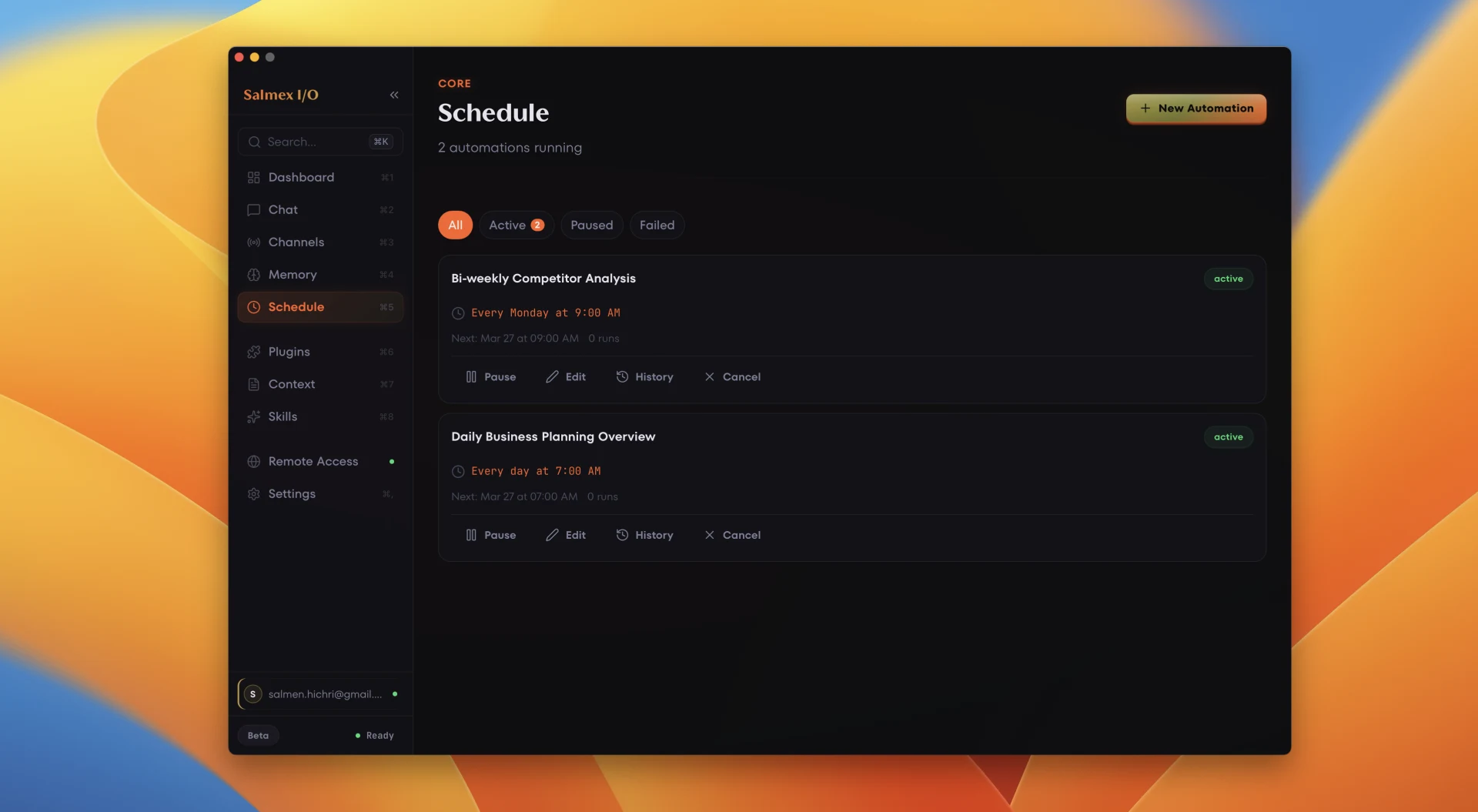 Salmex I/O schedule view with two active automations — Bi-weekly Competitor Analysis and Daily Business Planning Overview
