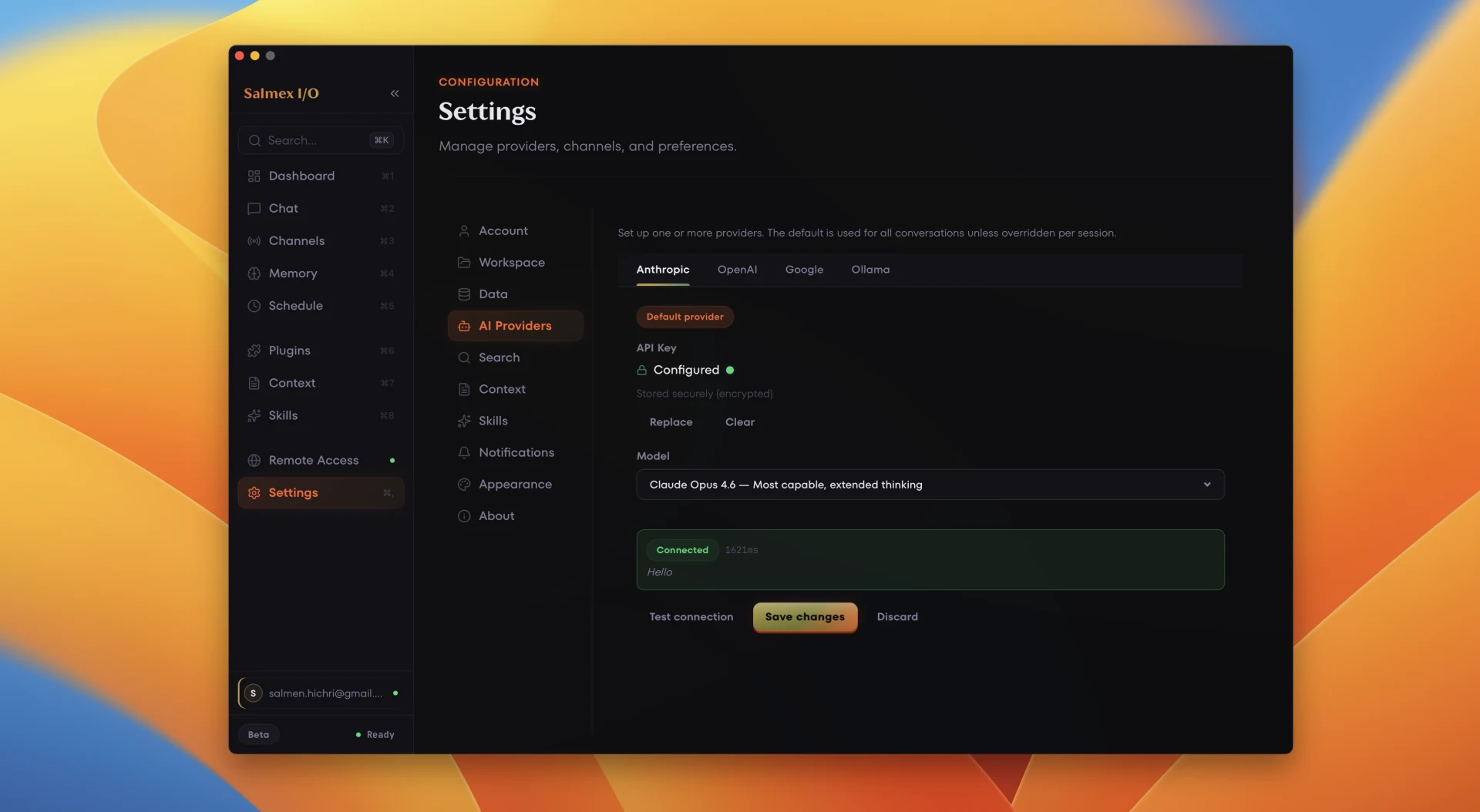 Salmex I/O settings page showing AI Providers with Anthropic configured, Claude Opus 4.6 selected, connection verified