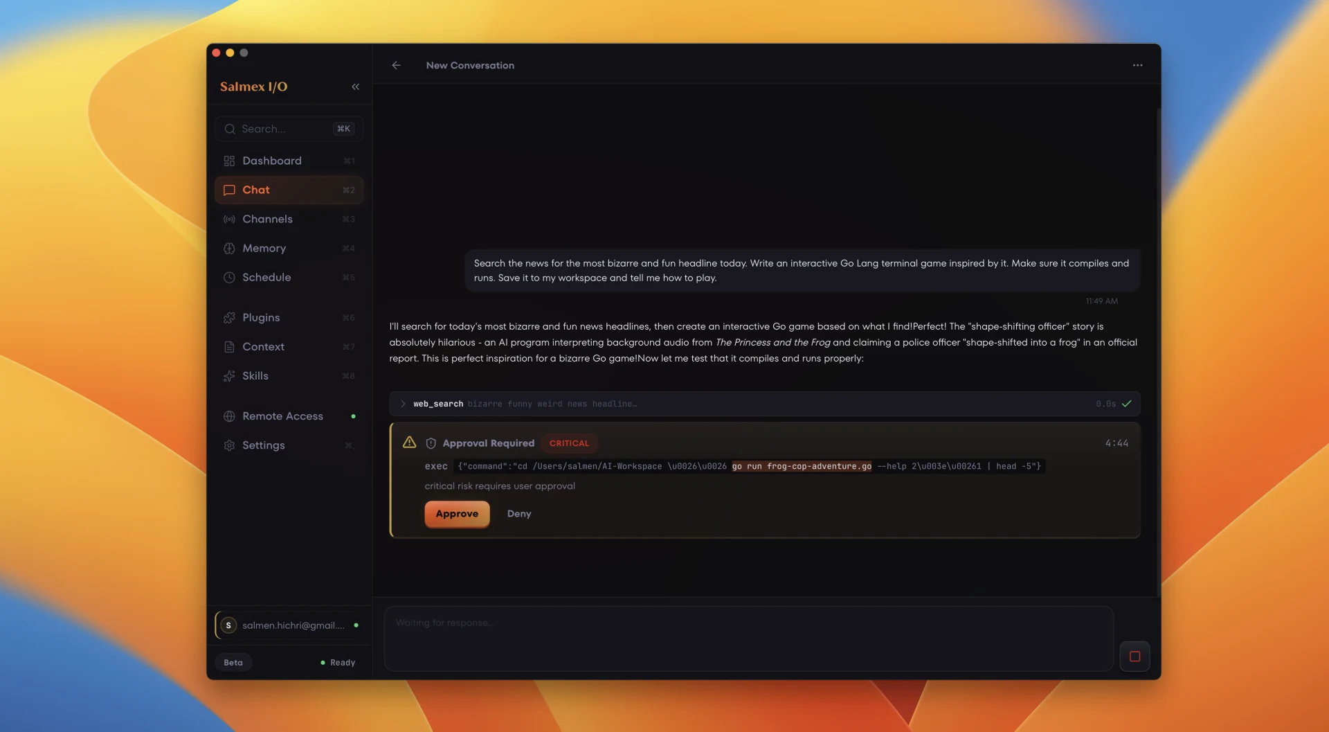 Salmex I/O chat showing an expanded tool call with exec approval request, Approve and Deny buttons, and CRITICAL risk badge