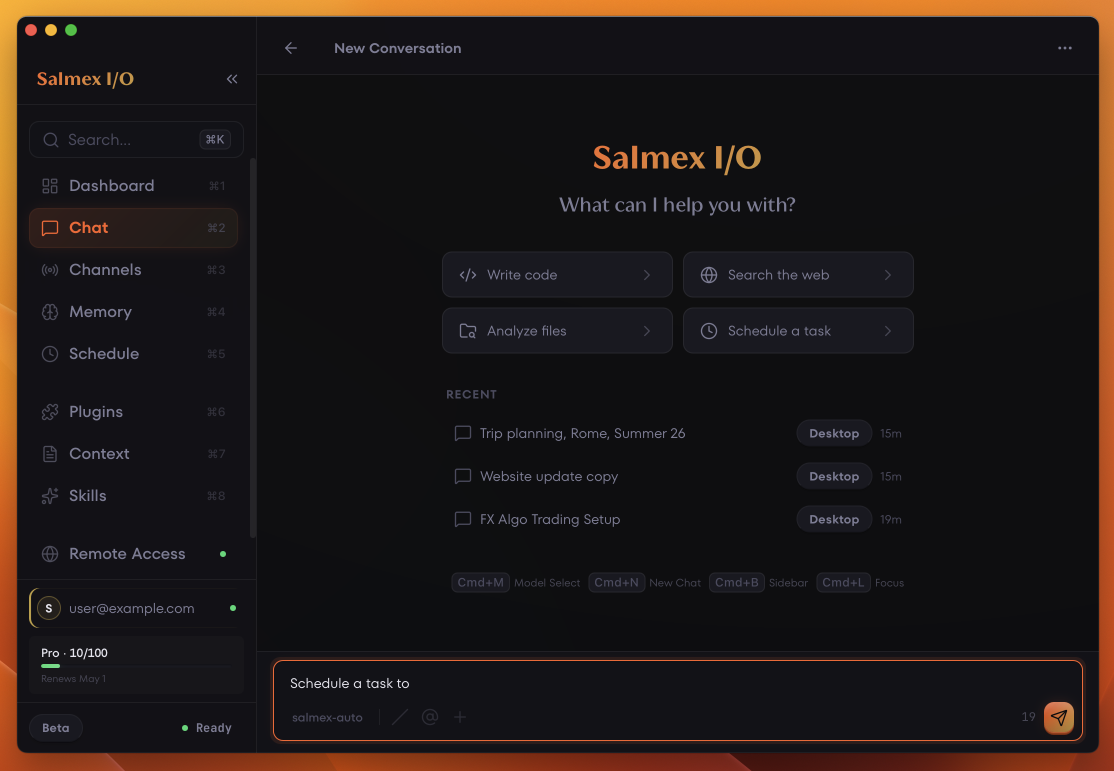 Salmex I/O chat view showing the new conversation screen with quick actions, recent conversations, and the message composer