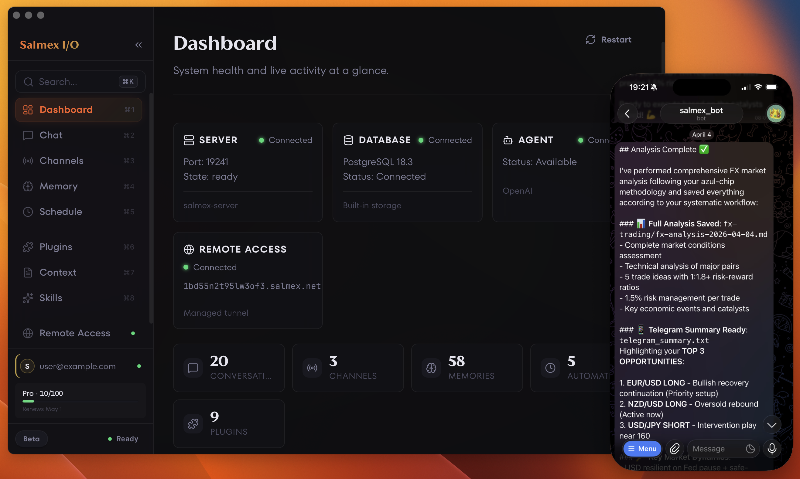 Salmex I/O dashboard showing server, database, and agent status with a Telegram conversation delivering an FX market analysis
