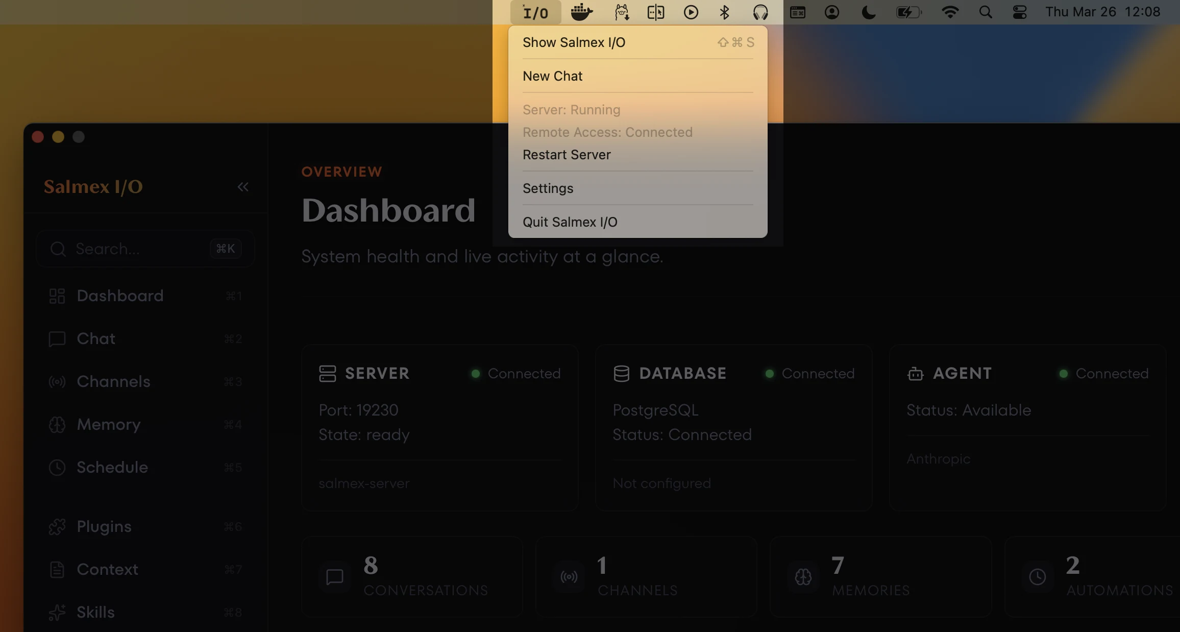 Salmex I/O system tray menu showing Show, New Chat, Server Running, Remote Access Connected, Restart Server, Settings, and Quit