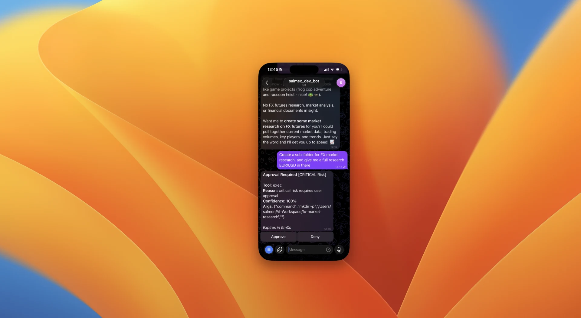 Telegram escalation showing Approval Required with CRITICAL Risk, exec tool details, 5-minute expiry timer, and Approve/Deny buttons