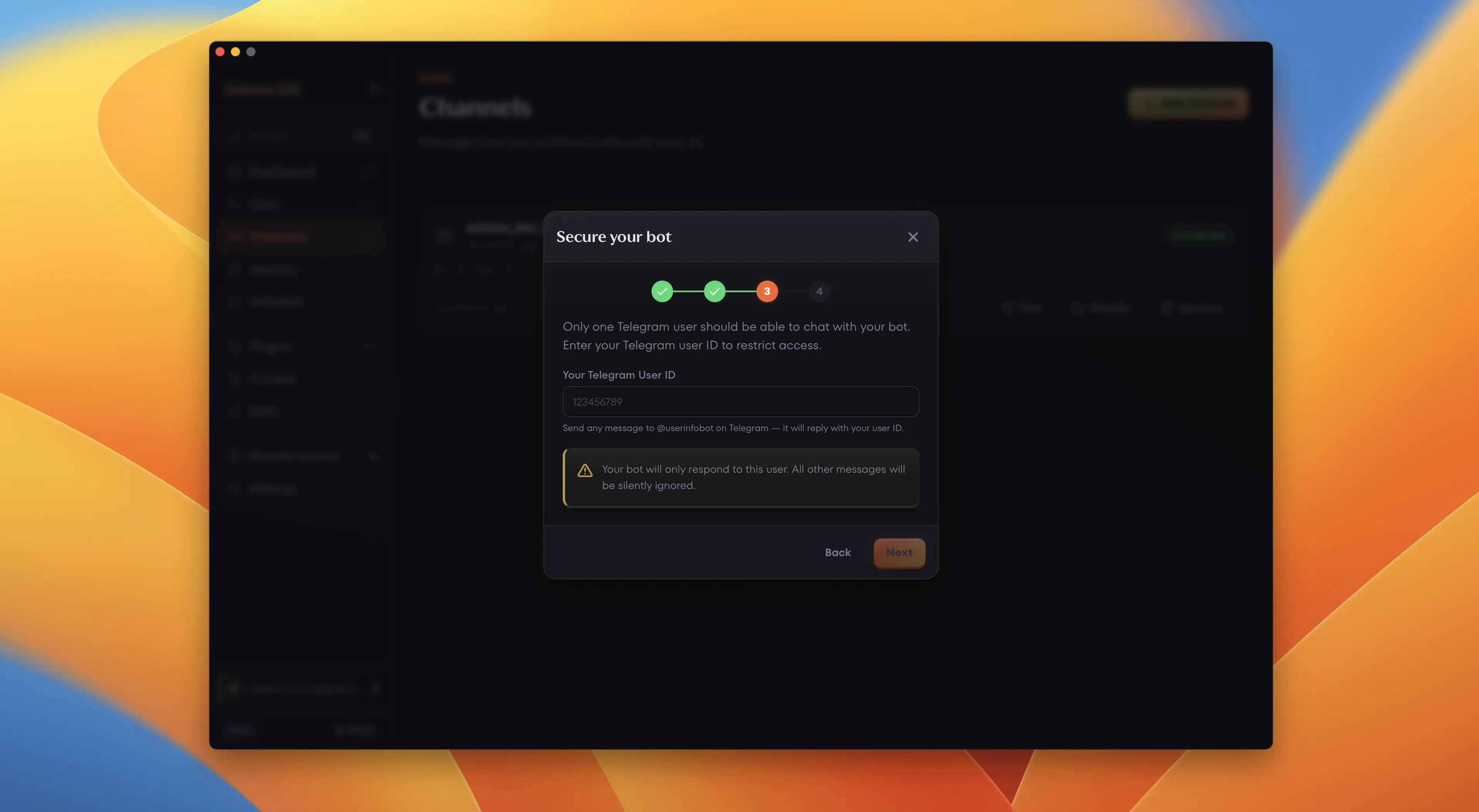 Salmex I/O Telegram setup wizard at step 3, Secure your bot, showing Telegram User ID input field and access restriction warning